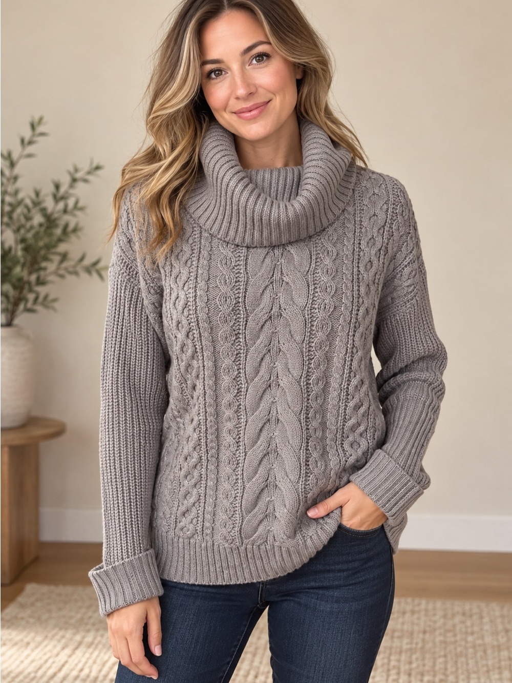 Cozy Gray Cable Knit Cowl‎ Neck/Cozy Hyge Oversized Boyfriend Sweater